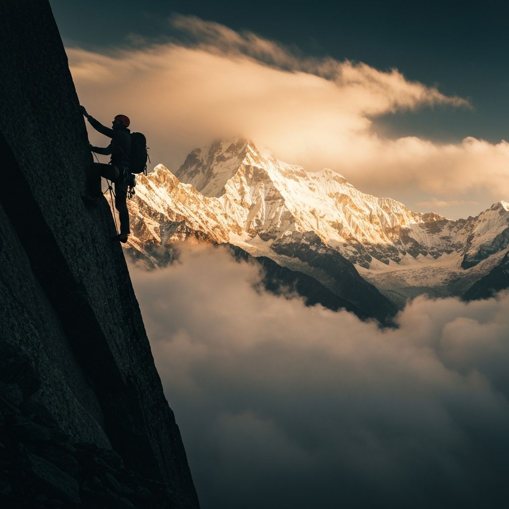 Climber scaling Himalayan cliff